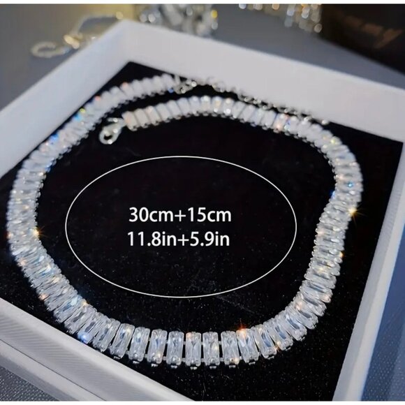 925 Sterling Silver Sparkling Rhinestone Choker Necklace Adjustable - Picture 2 of 5